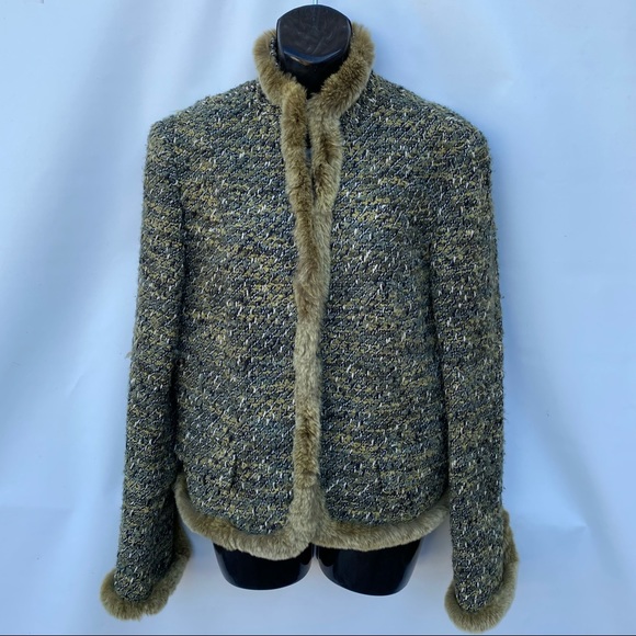 LAFAYETTE 148 New York Green Boucle & Rabbit Fur Jacket Size 12 - Picture 1 of 16